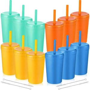 lot 5488 image: Skylety 12 Pack Kids reusable cups with lids and straws Leak Proof, 10 oz Wheat Straw Cup, Unbreakable Colourful Tumbler Cups for Christmas gifts Dorm Kitchen Microwave Dishwasher Safe(Multicolor)
