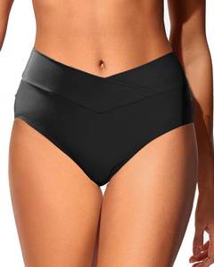 lot 6033 image: Women V Cut Full Coverage Bikini Bottom - High Waist Swim Bathing Suit Bottoms Cross V Front Swimsuit Black M