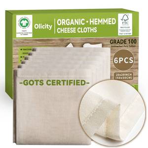 lot 6058 image: Organic Cheese Cloths, GOTS Certified, 6Pack, Grade 100, 20x20Inch Hemmed Cheese Cloth Fabric Reusable Fine Mesh Cloth, 100% Cotton Unbleached Muslin Cheesecloth for Straining, Cooking, Yogurt,Juicing