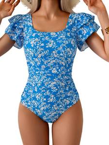 lot 6081 image: Eomenie Womens Tummy Control One Piece Swimsuit Ruffle Square Neck Bathing Suit Ruched Cutout Back Slimming Swimwear size L