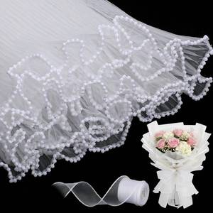 lot 6096 image: woric 4.37 Yards White Flower Bouquet Wrapping Paper with 10 Yards White Ribbon, Pearl Edge Wrinkled Floral Wrapping Mesh Paper for Valentines Day Florist Supplies Wedding Party Favor Decor