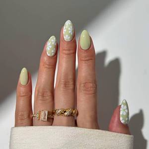 lot 6117 image: 24 Pcs Almond Press on Nails Medium RIICFDD Fake Nails Cute Acrylic Nails with White Flower Pattern Design Artificial Glossy Full Cover Light Green False Nails for Women and Girls Nail Decoration