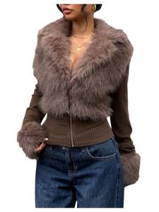 lot 6126 image: Verdusa Womens Faux Fur Furry Fuzzy Collared Zip Up Jacket Fall Clothes Slim Fit Winter Coats Chocolate Brown Small