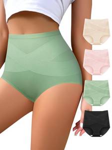 lot 6167 image: QUASTI Womens High Waisted Underwear Tummy Control Cotton Postpartum Panties Full Coverage Briefs 4 Pack(M) Multicolor