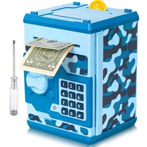 lot 6185 image: ATM Piggy Bank for Boys Girls, Vcertcpl Mini ATM Coin Bank Money Saving Box with Password, Kids Safe Money Jar for Adults with Auto Grab Bill Slot, Great Gift Toy Bank for Kids(Camouflage Blue)