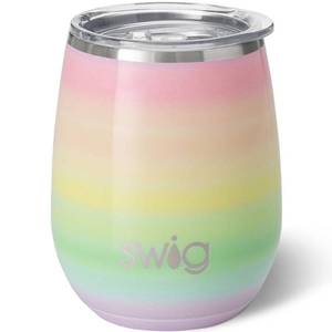 lot 6187 image: Swig Life 14oz Stemless Wine Cup, Insulated Wine Tumbler with Lid, Stainless Steel Travel Tumbler (Over the Rainbow)