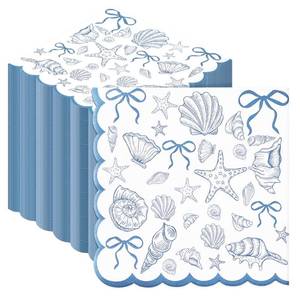 lot 6188 image: Humyoun 50 Pcs Ocean Bow Scalloped Paper Napkin Coastal Beach Napkins Seahorse Conch Starfish Disposable Hand Towels Decorative Luncheon Dinner Guest Napkins for Summer Party Supplies