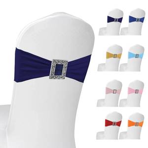 lot 9715 image: PWDAN 100 Pack Spandex Stretch Chair Sashes Bows Elastic Chair Cover Bands Ties with Buckle Slider for Wedding Party Banquet Restaurant Baby Shower Chairs Decorations (Navy Blue)