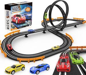 lot 9745 image: Slot-Car-Race-Track-Sets for Boys Kids, Battery or Electric Race Car Track with 4 High-Speed Slot Cars, Dual Racing Game 2 Hand Controllers Circular Overpass Track, Toys Gifts for 6-8 8-12 Boys Girls