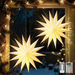 lot 10390 image: Luxspire 2 Pack Christmas Paper Star Lantern, 21.7 Hanging Paper Lights with LED Light Beads Remote Control, Foldable Decorative Papers Lantern Lights for Christmas Holiday Party, 14-Point Star