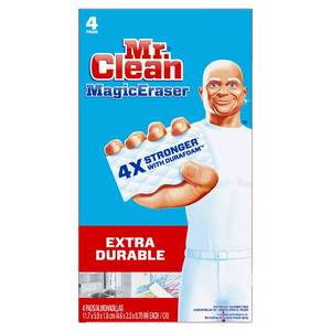 lot 10417 image: Mr. Clean Magic Eraser Sponge, All Purpose Cleaner, Cleaning Scrubber, Wall Cleaner, Sneaker Cleaner, Kitchen, Bathroom, Shower Cleaning Supplies, Melamine Sponge, Cleaning Pads, Extra Durable, 4ct