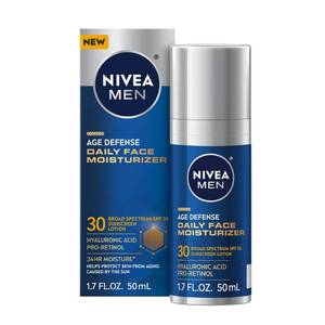 lot 10428 image: NIVEA MEN Age Defense Daily Face Moisturizer with Broad Spectrum SPF 30 Sunscreen, Pro-Retinol and Hyaluronic Acid, Beard-Friendly Face Lotion Helps Defend Against UVAUVB Rays, 1.7 Fl Oz Bottle
