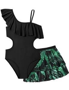 lot 10433 image: Doumlop Girls One Piece Swimsuits Size 14 Teen Girls Swimsuit with Tropical Mesh Skirt Black Bathing Suit Size 13-14 Teens Summer Swimwear 12-14