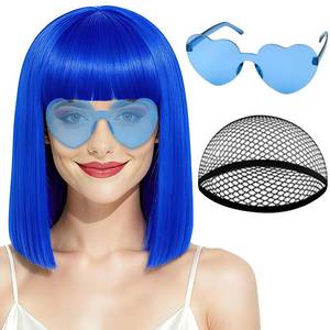 lot 10442 image: PLULON Blue Bob Wig with Bangs, Short Straight Bob Wig with Heart Sunglasses 12 Inch Shoulder Length Heat Resistant Synthetic Hair for Women Natural Look Daily Use Cosplay Halloween Costume Party