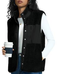 lot 10452 image: Rapbin Winter Womens Vests Warm Stand Collar Vests for Women Outerwear Buttoned Sleeveless Jackets with Roomy Side Pockets, Black, XL