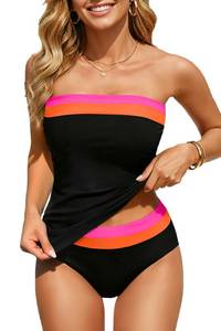 lot 10457 image: Daci Black Pink Color Block Bandeau Tankini Swimsuits for Women - Two Piece Ruched Tummy Control Bathing Suit Strapless Swimwear with Bottom L