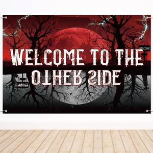 lot 10462 image: Welcome to The Other Side Backdrop, 5x3ft Spooky Forest Banner Spooky Themed Party Decorations for Halloween Birthday Room Wall Decor Photo Props