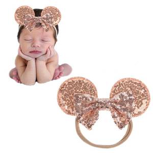 lot 10479 image: JIAHANG Mouse Ears Sequin Bow Nylon Hairband, Hair Bow Nylon Headband, Soft Elastic Costume Headwear for Baby Girl Newborn Toddler, kids, Party Supplies