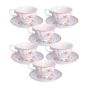 lot 11891 image: fanquare Pink Rose Tea Cup and Saucer Set for 6, British Vintage Afternoon Cup Set, Porcelain Coffee Cup with Gold Border, 5 oz( Missing One Plate)