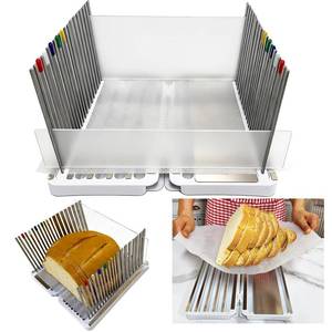lot 11912 image: Stainless Steel Bread Slicer for Homemade Bread, Bread Slicing Guide with 20 Liners, 2 Thickness Cutting Guide with Crumb Tray, Bread Loaf Cutter Adjustable Width, for Sourdough, Meats, Deli