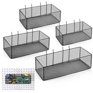 lot 11913 image: Norme 4 Pack Pegboard Baskets Set 4 Size Metal Wall Organizer Square Style Wire Pegboard Bins Wall Mount Peg Board Tool Organization for Workbench Accessories Garage Storage(Black)