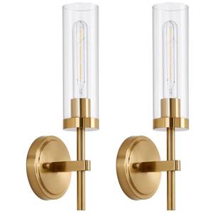 lot 11939 image: Hardwired Gold Wall Sconces Set of 2, Modern Bathroom Sconces Wall Lighting Vanity Light Fixtures with Clear Glass, Brushed Brass Wall Decor Lights for Mirror Living Room Bedroom Hallway Stairwell