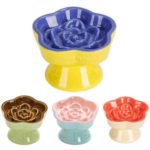 lot 12222 image: S&Qs CERAMICS Raised Slow Feeder Cat Bowl, Ceramic Elevated and Titled Pet Food Bowl, Small Dogs Slow Feeder, Flower Shaped Dish for Dry and Wet Food (Blue, 5.8)