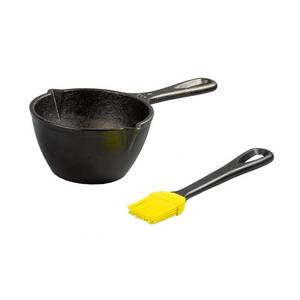 lot 12223 image: Lodge 15.2 Ounce Cast Iron Melting Pot  Silicone Basting Brush - Unparalleled Heat Retention - Heat Resistant Basting Brush up to 450° - Black and Yellow