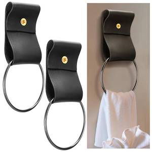 lot 12234 image: Hoolerry 2 Pcs Leather Wall Hook with Metal Towel Ring Wall Hanging Strap Towel Hook Curtain Rod Holder for Bathroom Kitchen Bedroom with Screws and Plastic Plugs Mother Gift Farmhouse Boho Decor