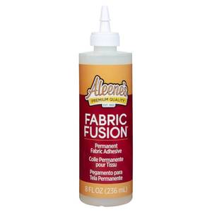 lot 12235 image: Aleenes Fabric Fusion Glue 8 fl oz, Permanent and Washable Adhesive, No-Sew Fabric Glue for Clothing, Denim, Polyester, Cotton, Flannel Materials, Dries Flexible (Used)