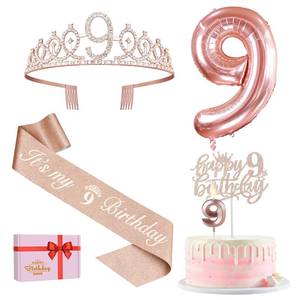 lot 12236 image: 9th Birthday Decorations for Girls, Including 9th Birthday Sash and Tiara, Cake Topper and Candle, Number Balloon, 9 Year Old Girl Gifts