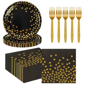 lot 12266 image: 75PCS Paper Plates Napkins Set, Black Gold Dot Disposable Party 7IN Dessert Plates 6.5IN Napkins 6.3In Plastic Fork Tableware for Birthday Wedding Holiday 2026 New Year Eve Party Decor 25 Guests