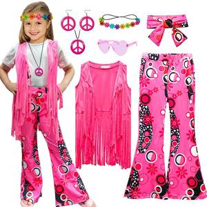 lot 12267 image: XonyiCos 8 Pcs Girls Kids 60s 70s Hippie Costume Disco Outfits Fringe Vest Boho Bell Bottoms Hippie Outfits Accessories Set (Pink, 7-8 Years)