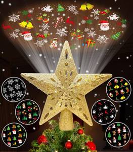 lot 15913 image: Tsorode Christmas Tree Topper Lighted,Star Tree Topper with Projector Built-in LED Rotating Lights with 6 Projection Modes,3D Glitter Dynamic Projection Christmas Decorations (Gold)