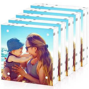 lot 15941 image: HELPLEX 5 Pack 6x6 Acrylic Picture Frames, 24mm Thicker Square Frameless Clear Frame Double Sided Magnetic Frame, Free Standing Desktop Display Stand