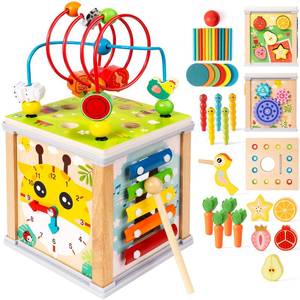 lot 15945 image: YySiRui Wooden Activity Cube  10-in-1 Montessori Toys  Multipurpose Baby Educational Developmental Toy  Bonus Shape sorter & Ball Coin Stick Drop Game  Birthday Gift for Baby Boys Girls
