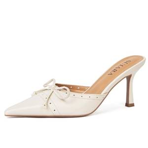 lot 16155 image: SUIARA White Kitten Heels for Women Pointed Toe Vintage Heeled Sandals Sexy Mules Bow Closed Toe Slip on Stiletto Dressy Pumps 5.5