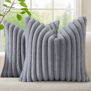 lot 16164 image: decorUhome Cozy Faux Fur Throw Pillow Covers 22x22 Set of 2 Decorative Soft Plush Striped Modern Farmhouse Boho Couch Euro Sham Pillow Cases with Velvet Back for Sofa Bed Living Room, Grey