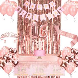 lot 16194 image: Sweet 16 Party Decorations, Rose Gold 16th Happy Birthday Decor for Girls Women Princess with Crown, Sash, Cake Topper, Balloons, Banner, Fringe Curtains, Tablecloth