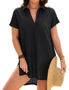 lot 16202 image: Blooming Jelly Womens Swimsuit Coverup Textured Bathing Suit Cover Up Swimwear V Neck Beach Dress Shirt 2026(M,Black)