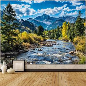 lot 16233 image: AMM Nature Forest Mountain Tapestry Green Pine Tree Tapestry for Bedroom Aesthetic White Clouds Flowing River Landscape Classroom Tapestries Wall Hanging for Living Room Dorm Office