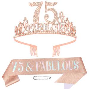 lot 16236 image: Hapdoo 75th Birthday Decorations for Women, Rose Gold 75th Birthday Decorations Set - 75th Birthday Crown and Sash