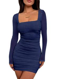 lot 16244 image: BORIFLORS Womens Sexy Ruched Bodycon Mini Dress Mesh Long Sleeve Club Party Short Dresses, Small, Navy