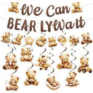 lot 16271 image: We Can Bearly Wait Baby Shower Decorations, Brown Bear Party Banner Hanging Swirls Garland Ceiling Streamer Decorations for Boy Girl Baby Shower Gender Reveal Party Supplies