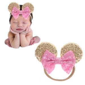 lot 16272 image: JIAHANG Mouse Ear Nylon Headband with Sequin Bow, Soft Elastic Hair Bow Hair Band, Party Headwear for Baby Newborn Infant Toddlers, kids, Gilrs