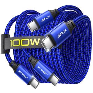 lot 16277 image: JSAUX 100W USB C to USB C Cable 2-Pack 10FT, Type C Fast Charging Cord for iPhone AiriPhone 17iPhone 17 ProiPhone 17 Pro Max, iPhone 1615 Series, Galaxy SNote Series, MacBook, iPad - Blue