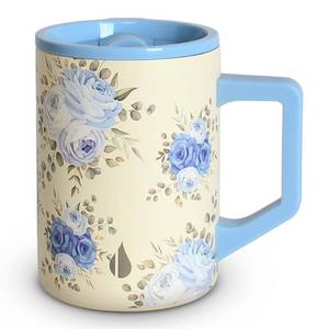 lot 16280 image: Elemental Insulated Coffee Mug - Triple-Wall Stainless Steel Summit Travel Cup for Hot and Cold Drinks - Thermal Coffee Mug with Lid and Handle for Camping, Office & Travel 16oz - Blue Blooms