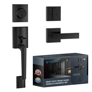 lot 17040 image: TICONN Front Door Handle Set, Heavy Duty Square Door Lever & Single Cylinder Deadbolt Combo Reversible for Entrance Exterior Doors (Matte Black)