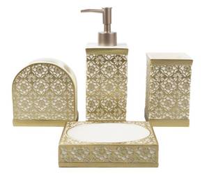 lot 17047 image: Hymmah Gold Bathroom Accessories Set,Farmhouse Bathroom Decor,4 Pcs Resin Gift Set Apartment Necessities, Contain Cotton Swab Jar,Soap Dispenser,Tumbler��Soap DishTray