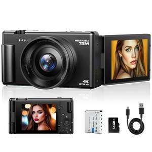 4K Digital Camera for Photography, 72MP Autofocus Vlogging Cameras for YouTube with 64GB SD Card and Battery, 18X Digital Zoom 2.8\" 270Â° Flip Screen Compact Travel Camera for Teens